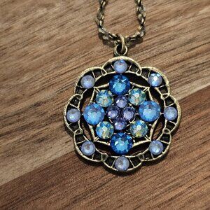 VTG Signed ANNE KOPLIK PENDANT NECKLACE Blue Rhinestone Aqua Teal 18" USA Made